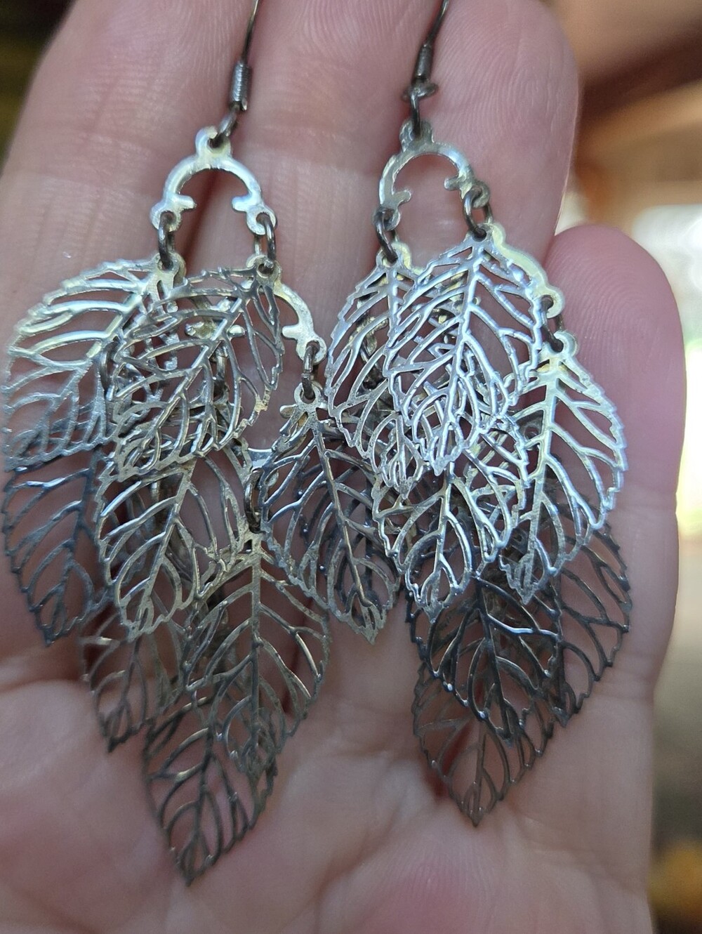 Delicate Silver Leaf Dangle Earrings - Multi Leaf Cascade - Picture 3 of 6